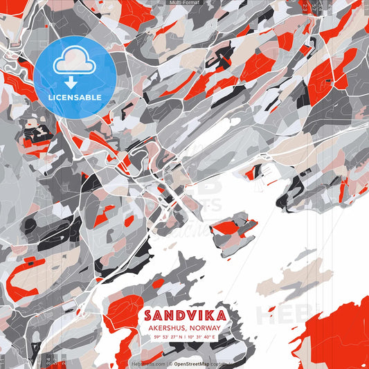 Sandvika, Akershus, Norway - modern street map poster template with gray and red tones