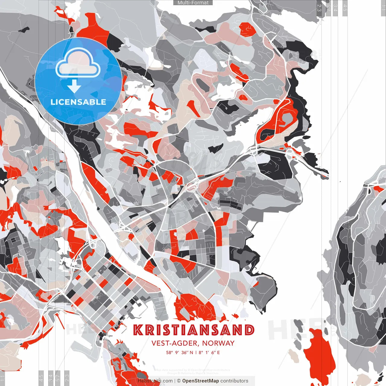 Kristiansand, Vest-Agder, Norway - modern street map poster template with gray and red tones