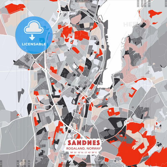 Sandnes, Rogaland, Norway - modern street map poster template with gray and red tones