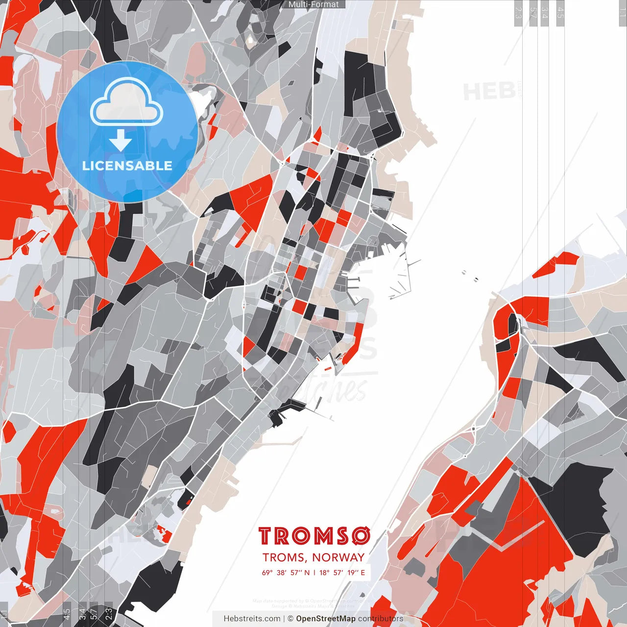 Tromsø, Troms, Norway - modern street map poster template with gray and red tones