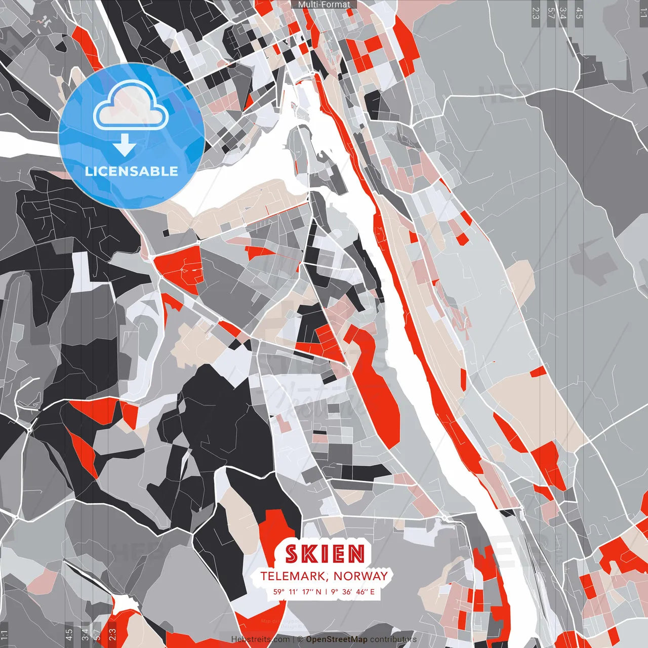 Skien, Telemark, Norway - modern street map poster template with gray and red tones