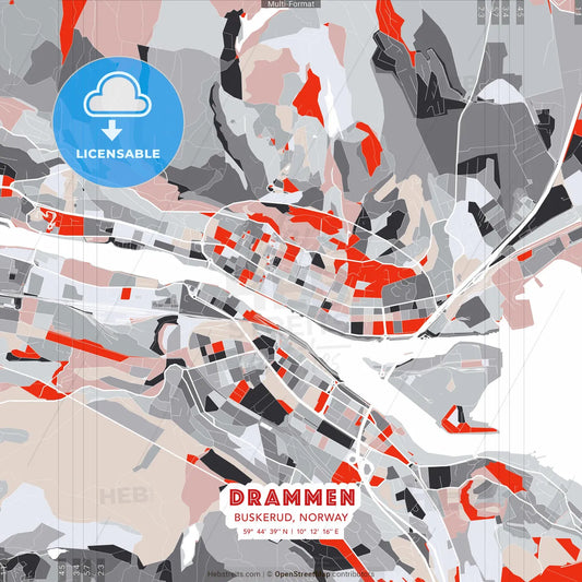 Drammen, Buskerud, Norway - modern street map poster template with gray and red tones
