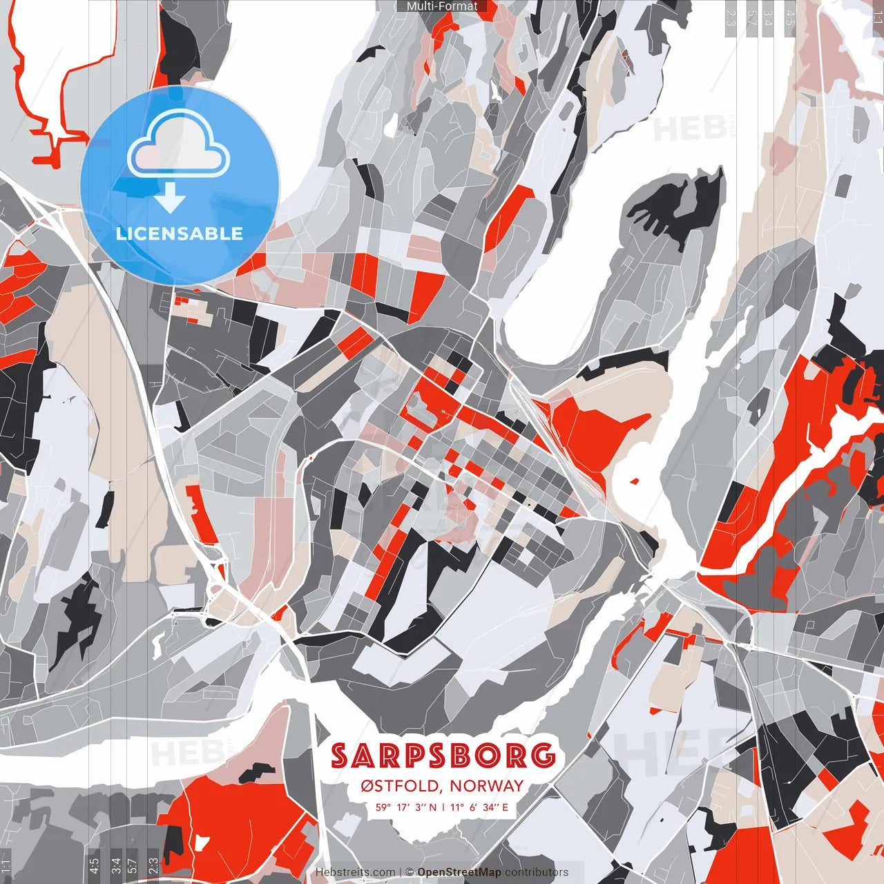 Sarpsborg, Østfold, Norway - modern street map poster template with gray and red tones