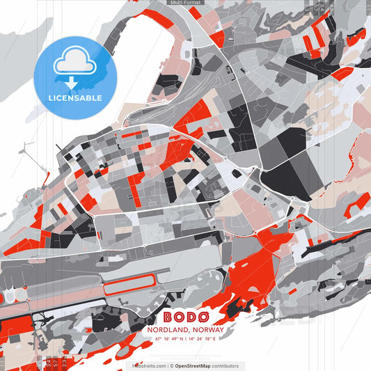 Bodø, Nordland, Norway - modern street map poster template with gray and red tones