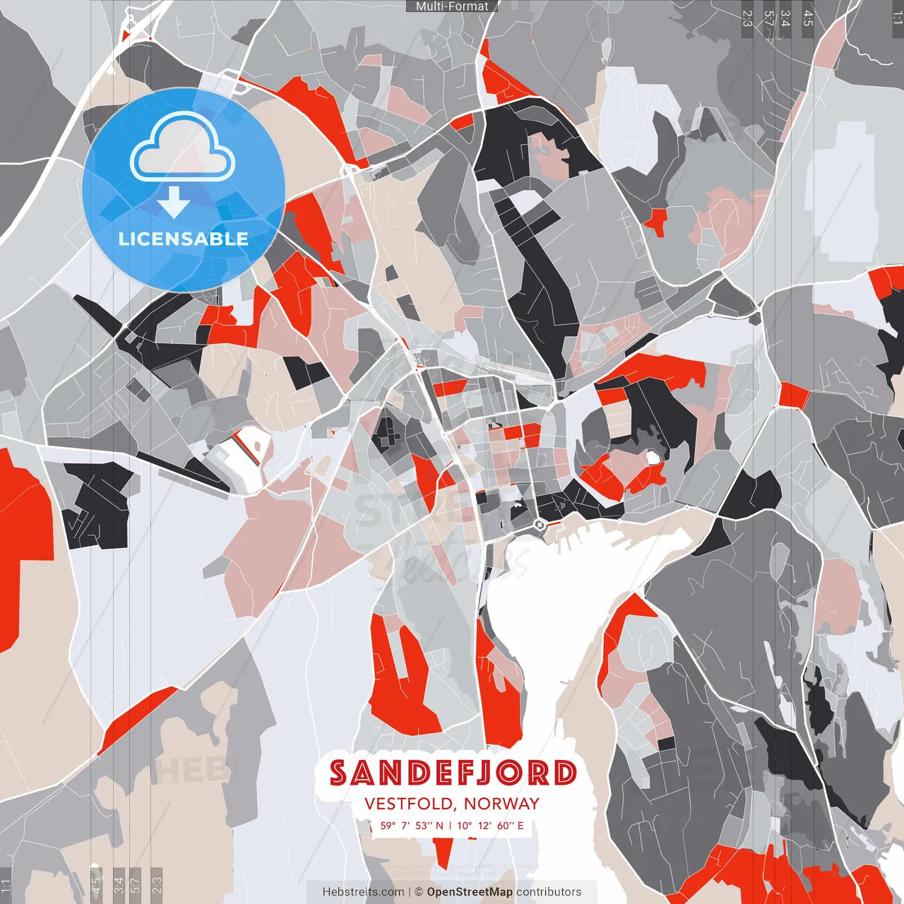 Sandefjord, Vestfold, Norway - modern street map poster template with gray and red tones