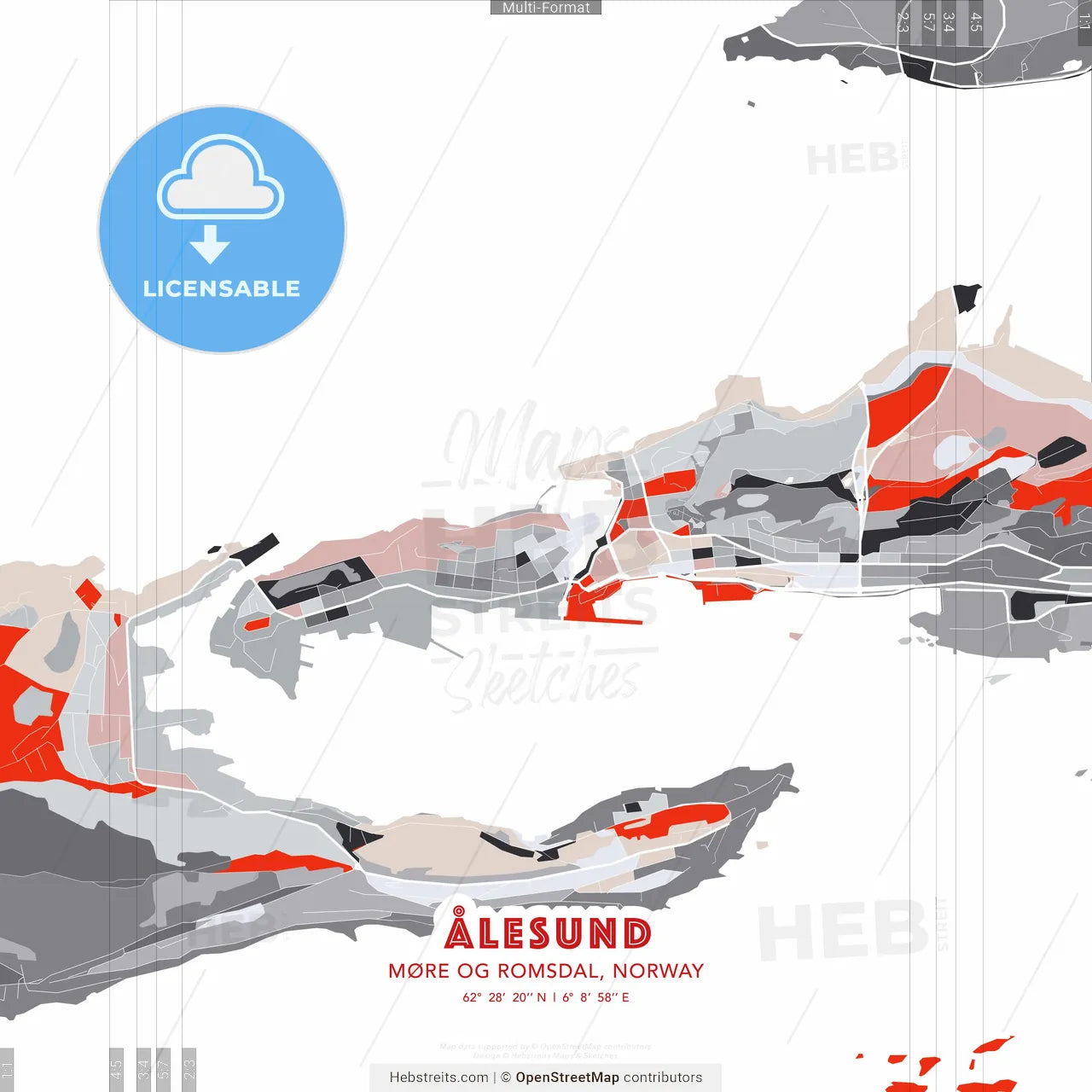 Ålesund, Møre og Romsdal, Norway - modern street map poster template with gray and red tones