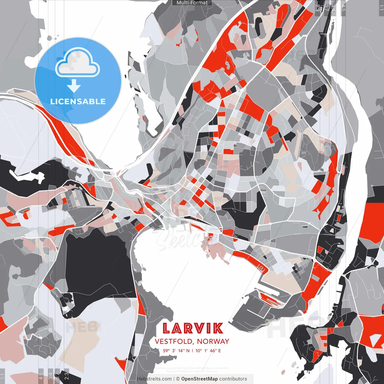 Larvik, Vestfold, Norway - modern street map poster template with gray and red tones