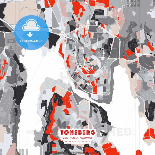 Tønsberg, Vestfold, Norway - modern street map poster template with gray and red tones