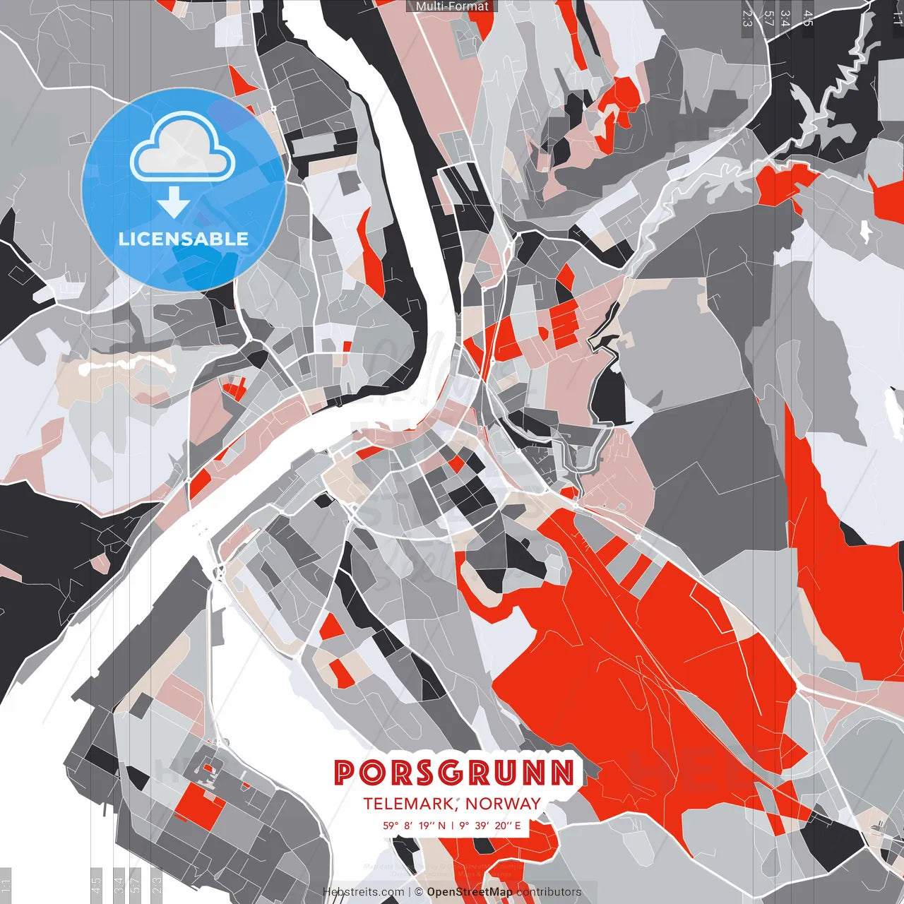 Porsgrunn, Telemark, Norway - modern street map poster template with gray and red tones