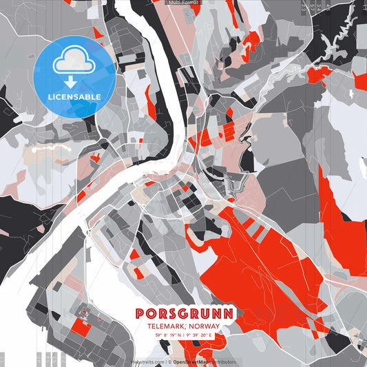 Porsgrunn, Telemark, Norway - modern street map poster template with gray and red tones