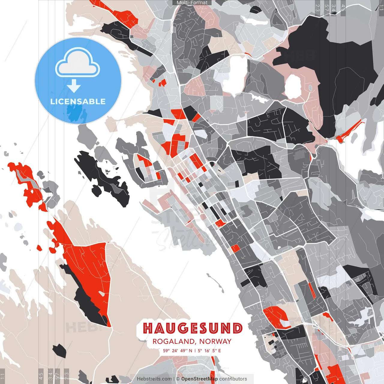 Haugesund, Rogaland, Norway - modern street map poster template with gray and red tones