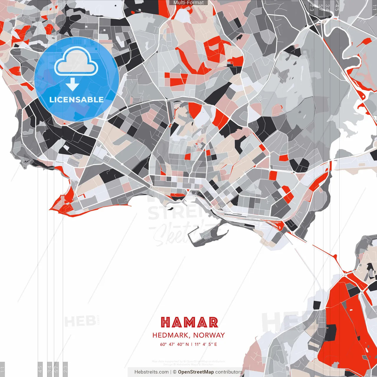Hamar, Hedmark, Norway - modern street map poster template with gray and red tones