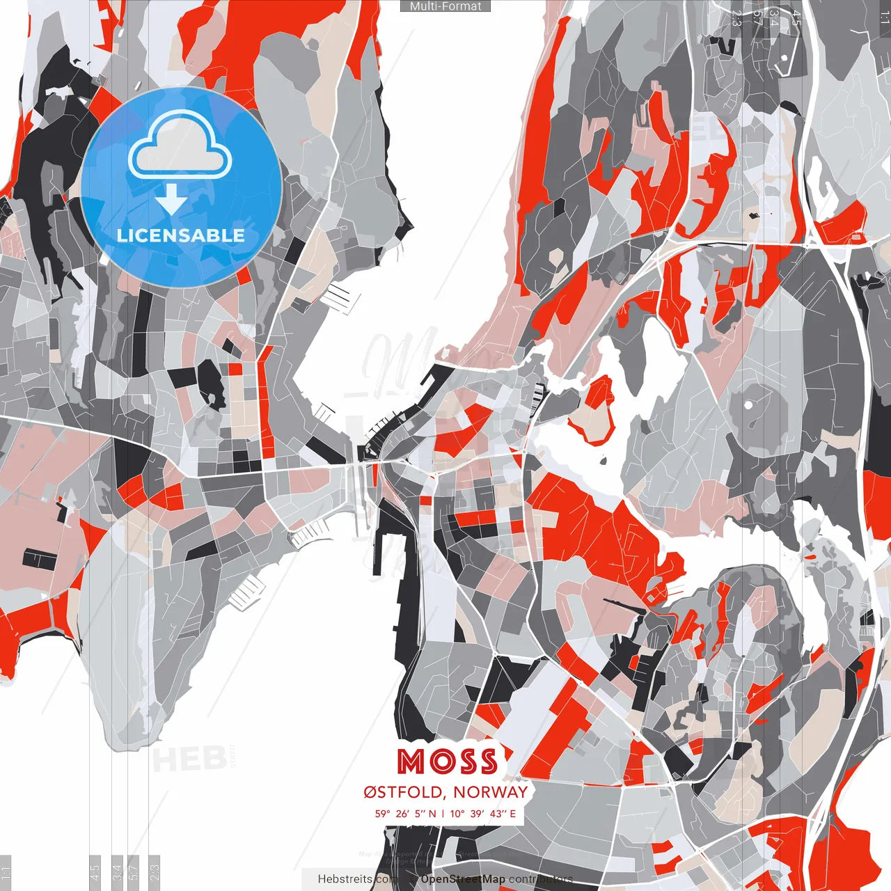 Moss, Østfold, Norway - modern street map poster template with gray and red tones