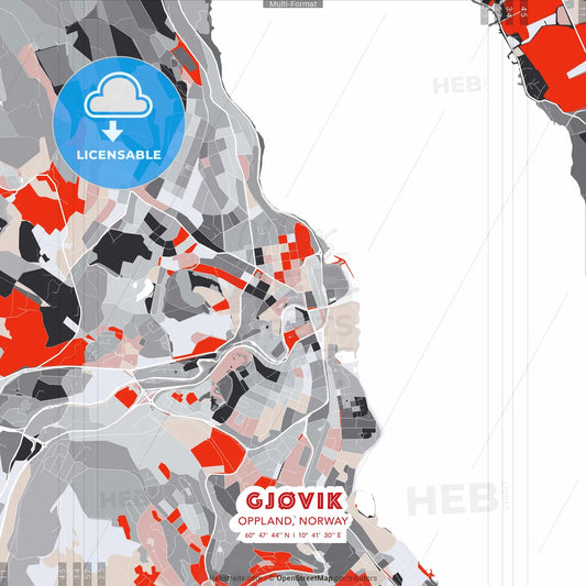 Gjøvik, Oppland, Norway - modern street map poster template with gray and red tones
