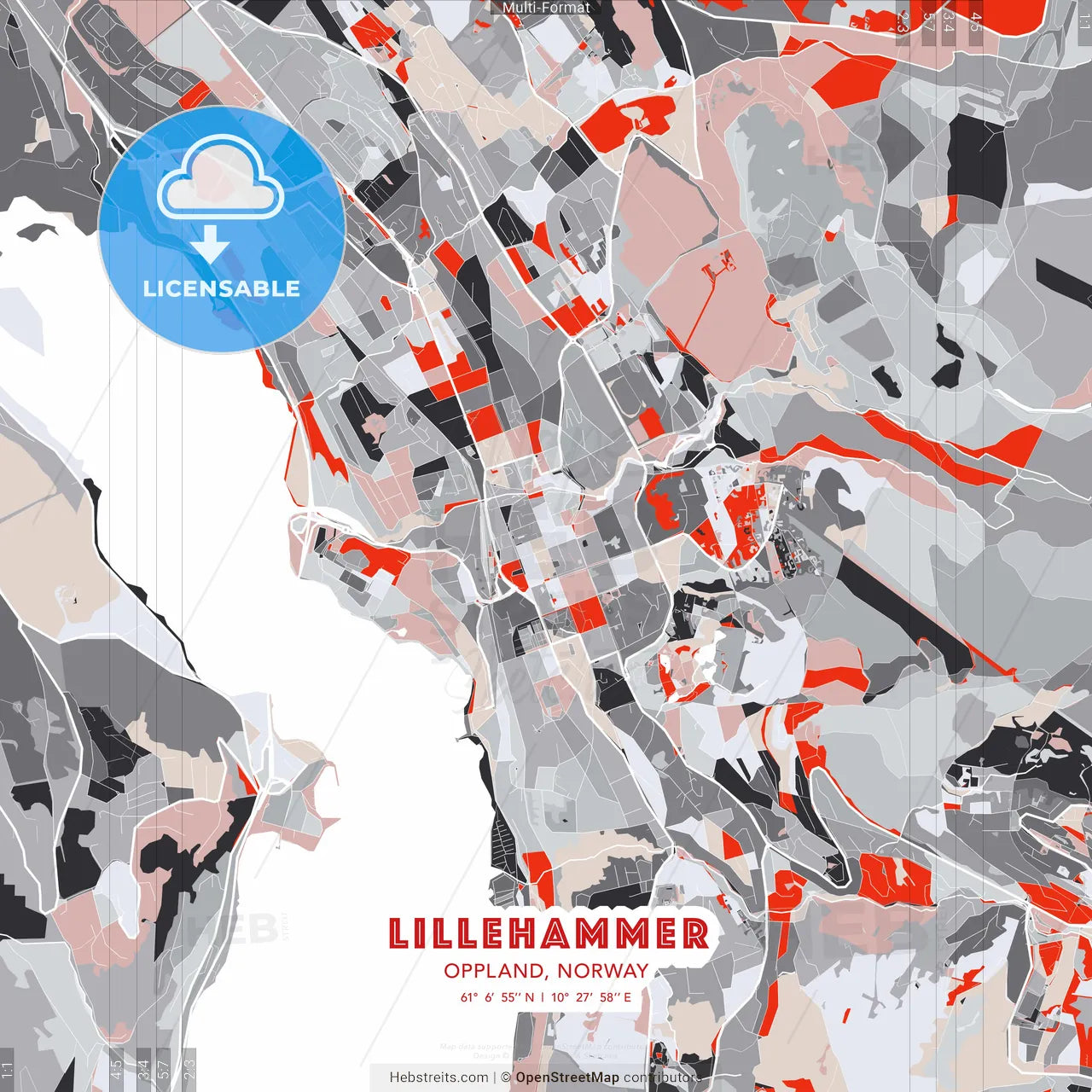 Lillehammer, Oppland, Norway - modern street map poster template with gray and red tones