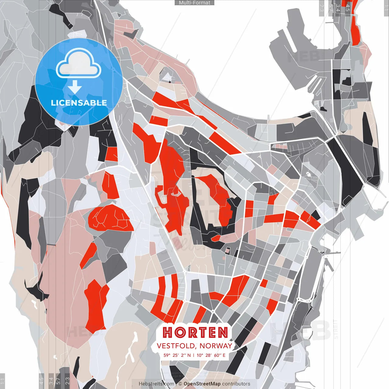 Horten, Vestfold, Norway - modern street map poster template with gray and red tones