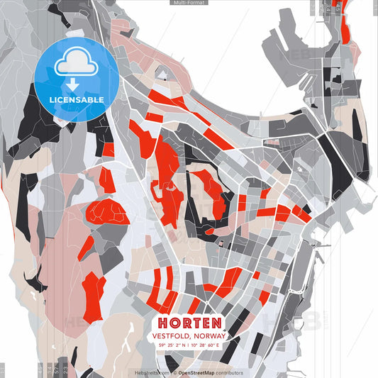 Horten, Vestfold, Norway - modern street map poster template with gray and red tones