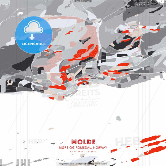 Molde, Møre og Romsdal, Norway - modern street map poster template with gray and red tones