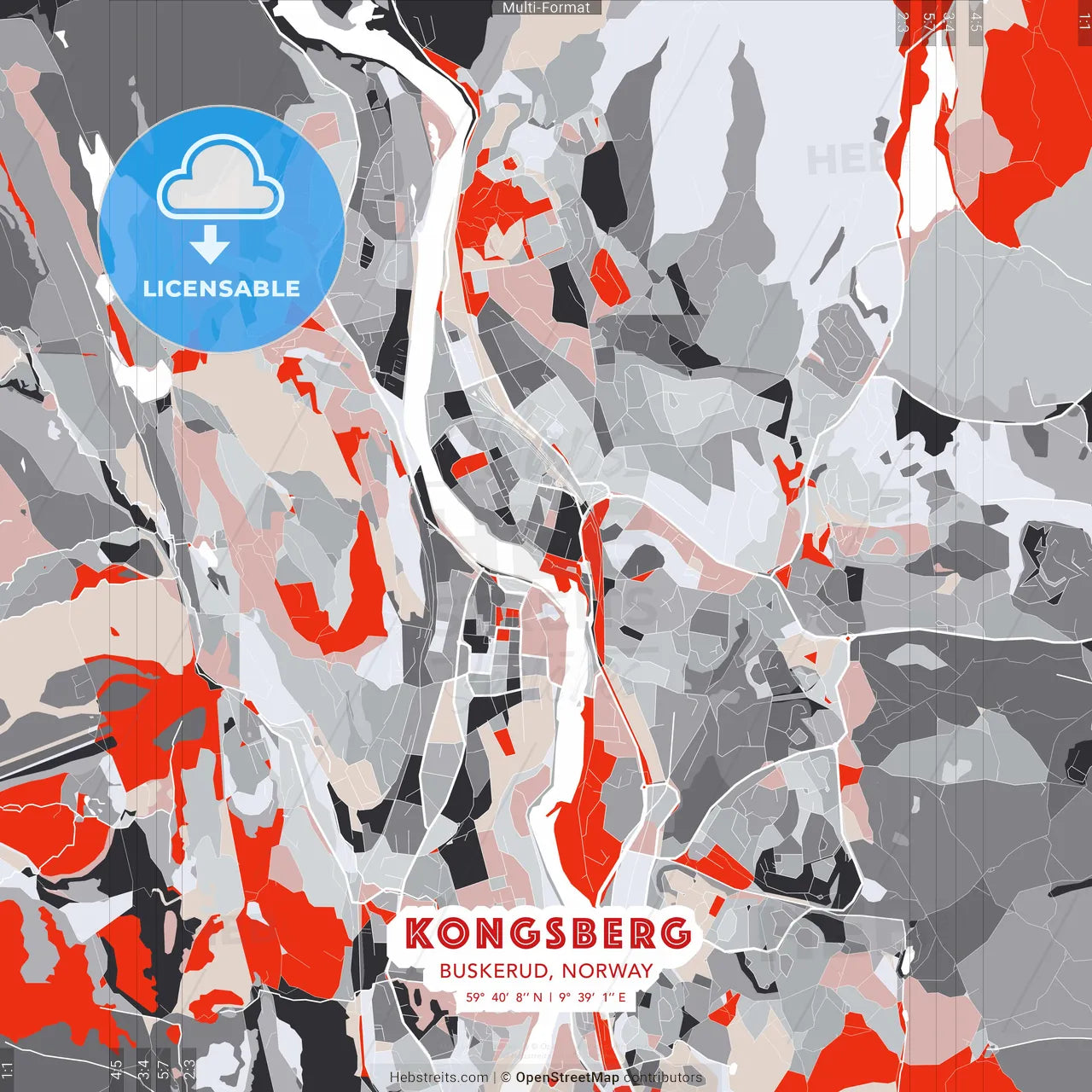 Kongsberg, Buskerud, Norway - modern street map poster template with gray and red tones