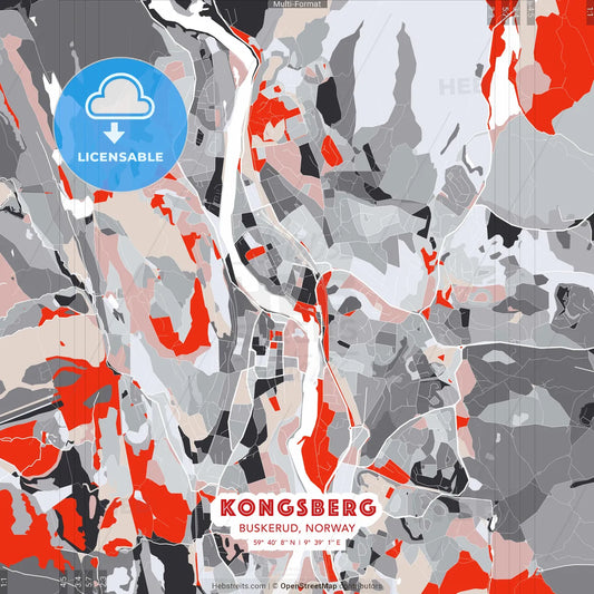 Kongsberg, Buskerud, Norway - modern street map poster template with gray and red tones