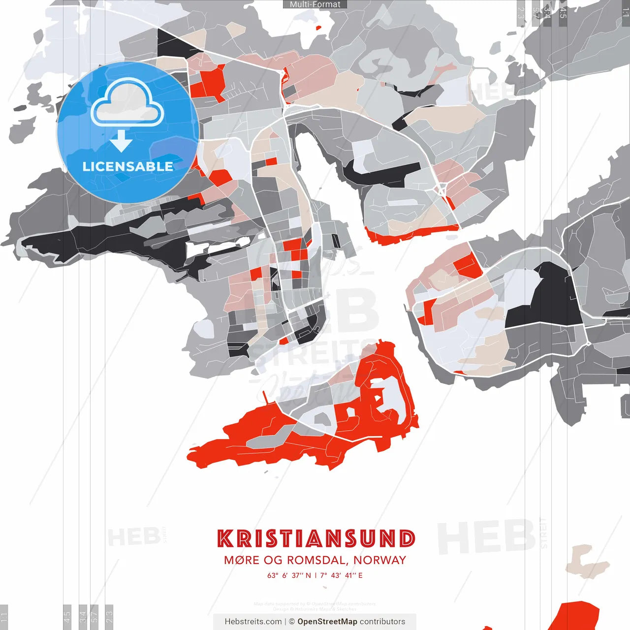 Kristiansund, Møre og Romsdal, Norway - modern street map poster template with gray and red tones