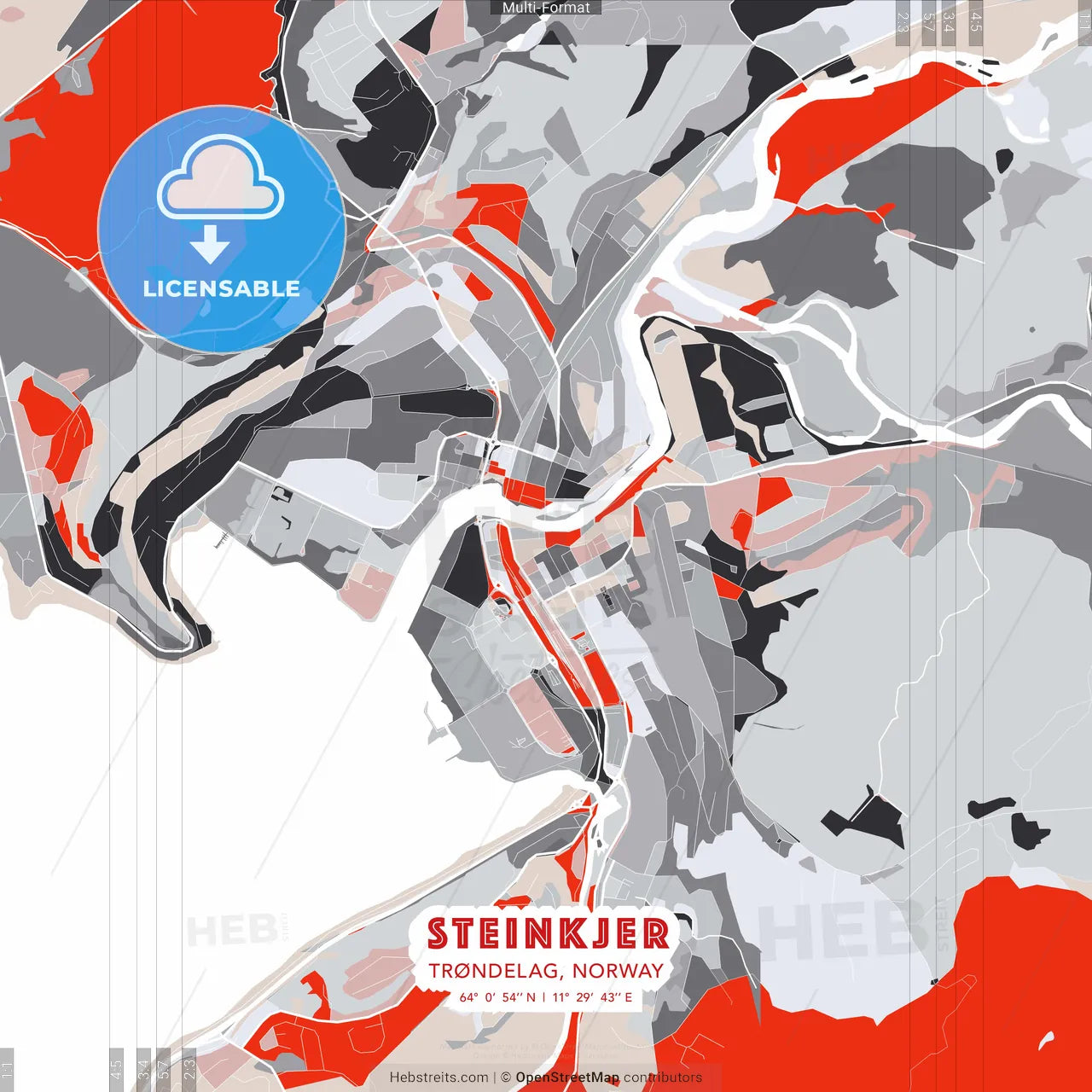 Steinkjer, Trøndelag, Norway - modern street map poster template with gray and red tones
