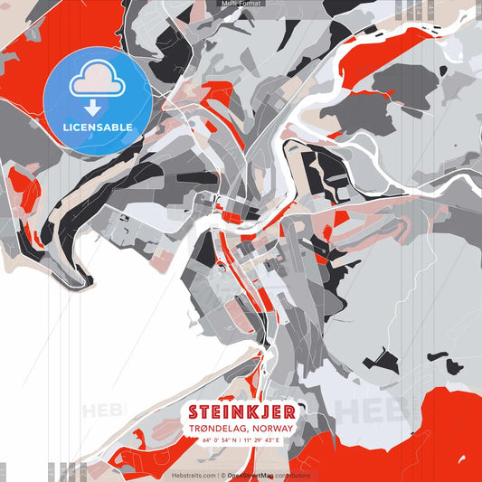 Steinkjer, Trøndelag, Norway - modern street map poster template with gray and red tones