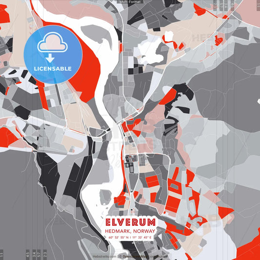 Elverum, Hedmark, Norway - modern street map poster template with gray and red tones