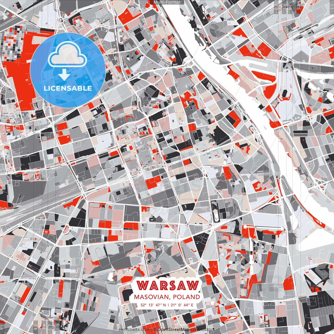 Warsaw, Masovian, Poland - modern street map poster template with gray and red tones