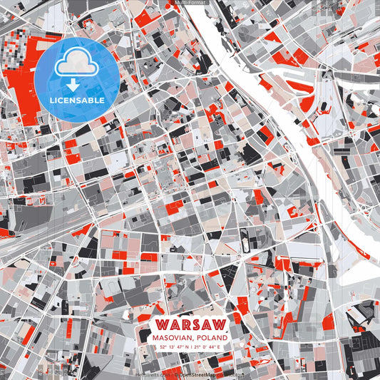 Warsaw, Masovian, Poland - modern street map poster template with gray and red tones