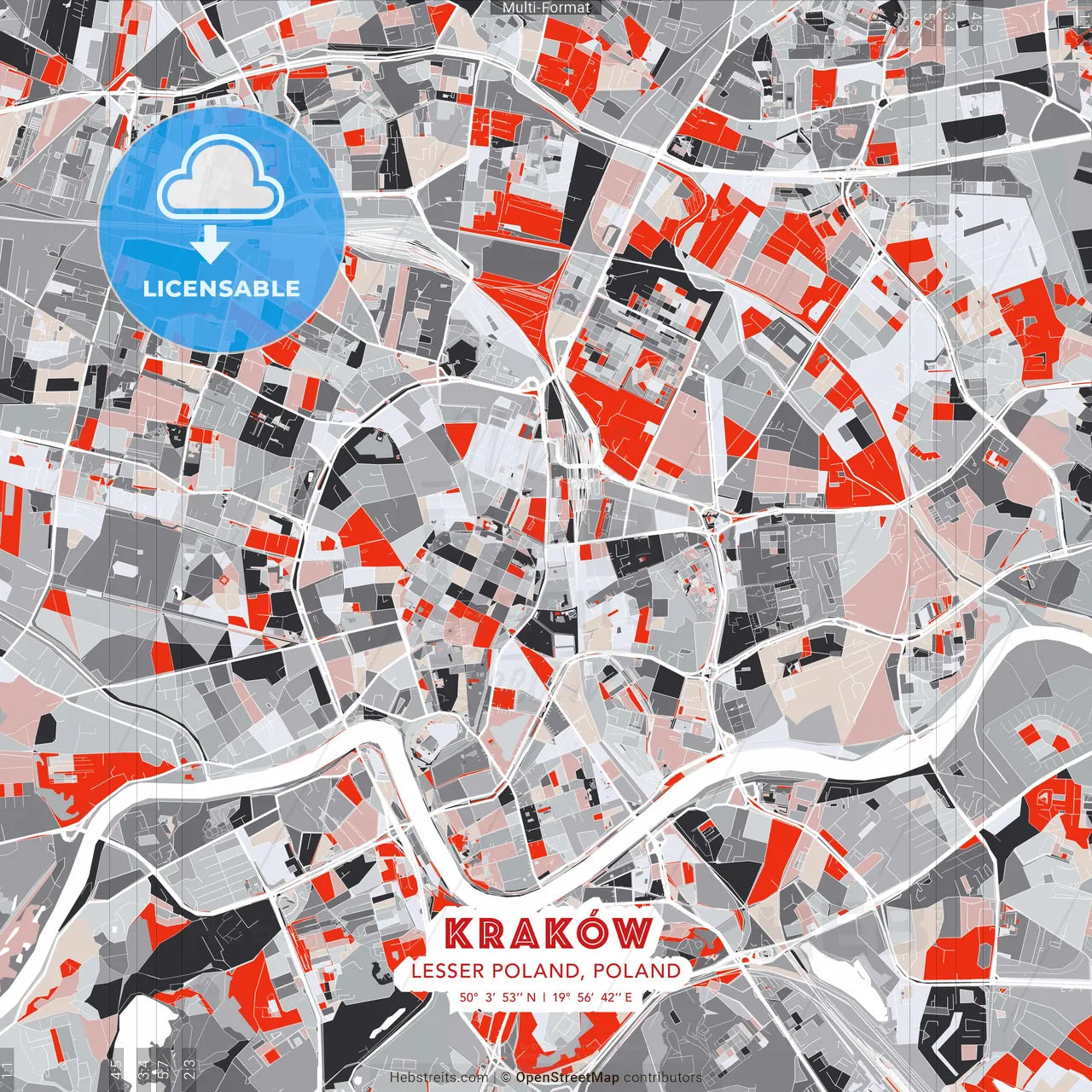 Kraków, Lesser Poland, Poland - modern street map poster template with gray and red tones