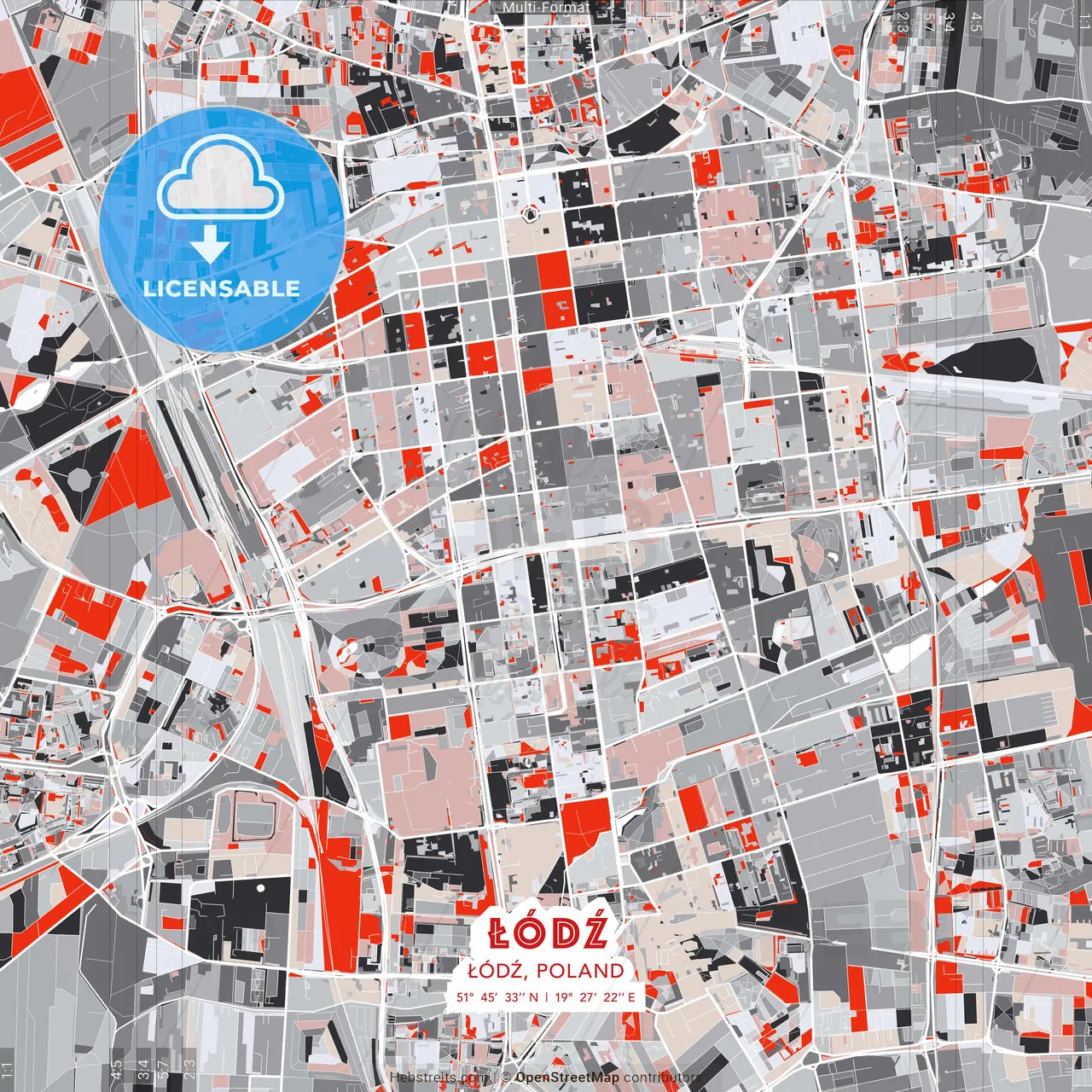 Łódź, Łódź, Poland - modern street map poster template with gray and red tones