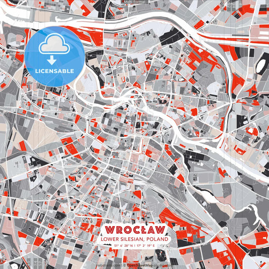 Wrocław, Lower Silesian, Poland - modern street map poster template with gray and red tones