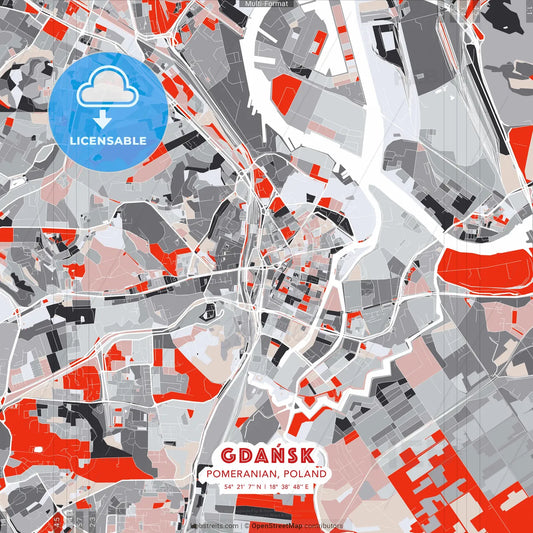 Gdańsk, Pomeranian, Poland - modern street map poster template with gray and red tones