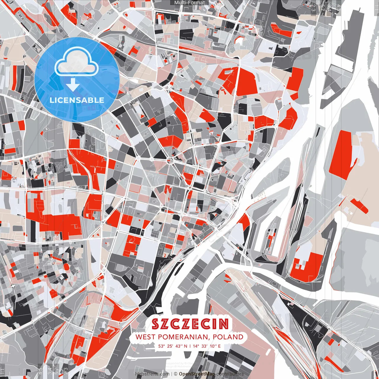 Szczecin, West Pomeranian, Poland - modern street map poster template with gray and red tones