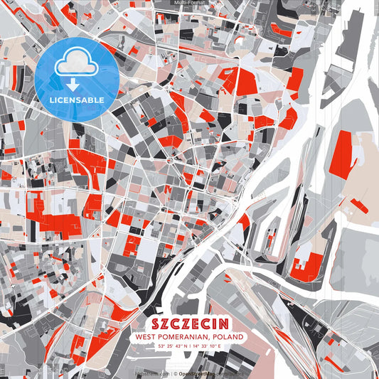 Szczecin, West Pomeranian, Poland - modern street map poster template with gray and red tones