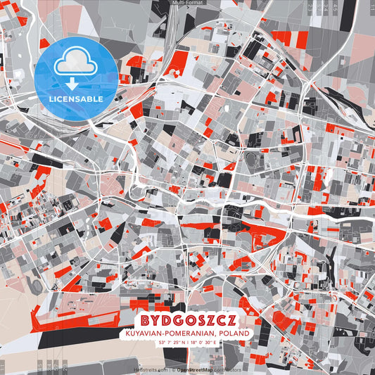Bydgoszcz, Kuyavian-Pomeranian, Poland - modern street map poster template with gray and red tones