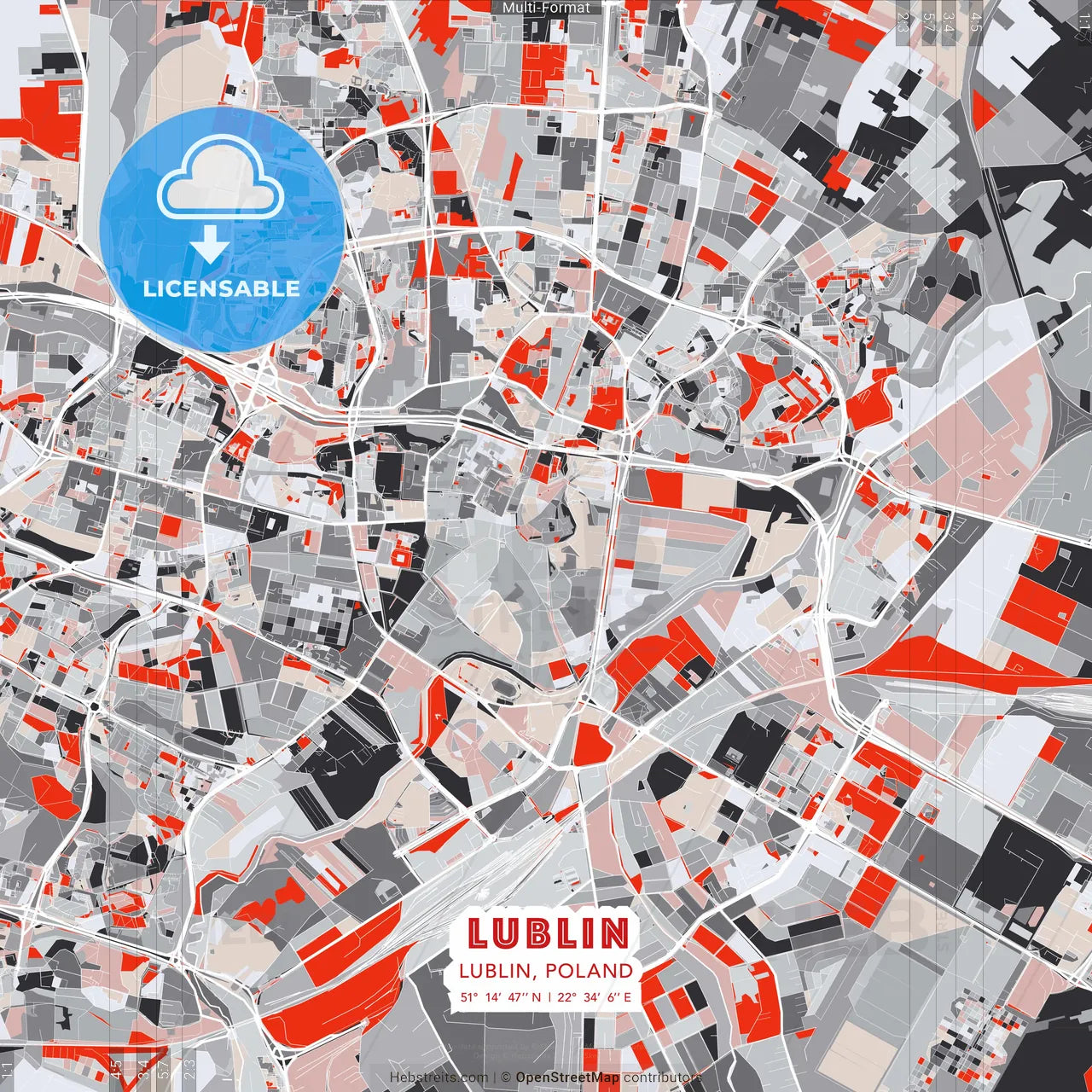 Lublin, Lublin, Poland - modern street map poster template with gray and red tones