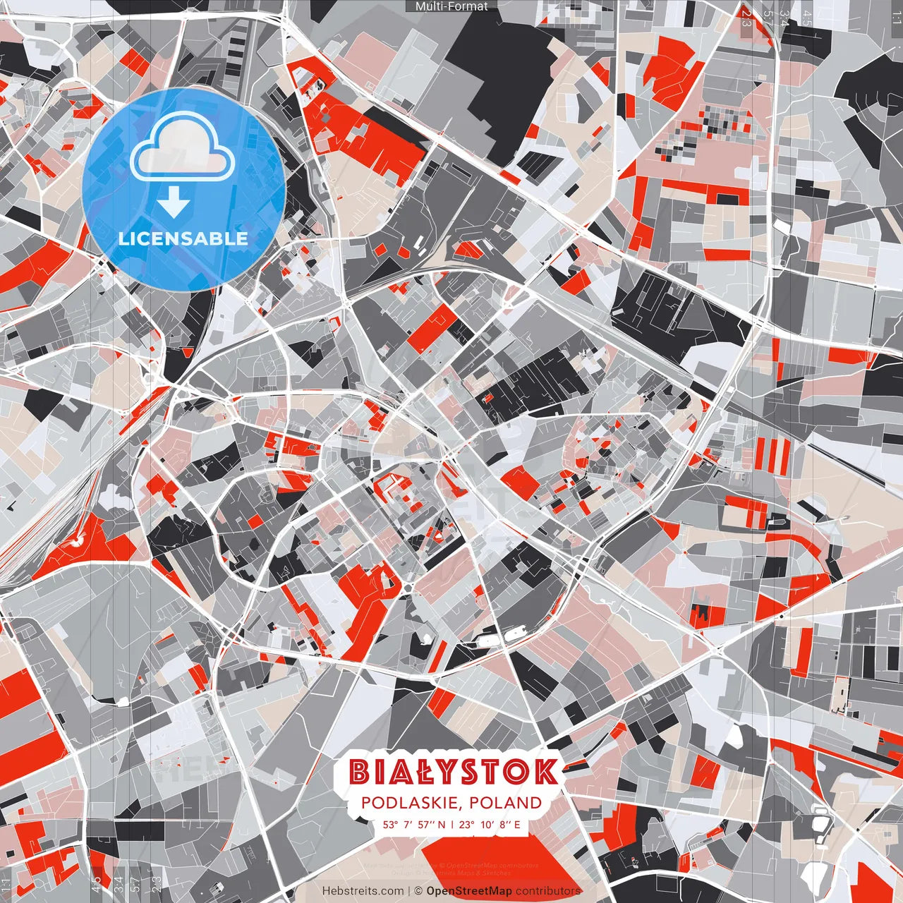 Białystok, Podlaskie, Poland - modern street map poster template with gray and red tones