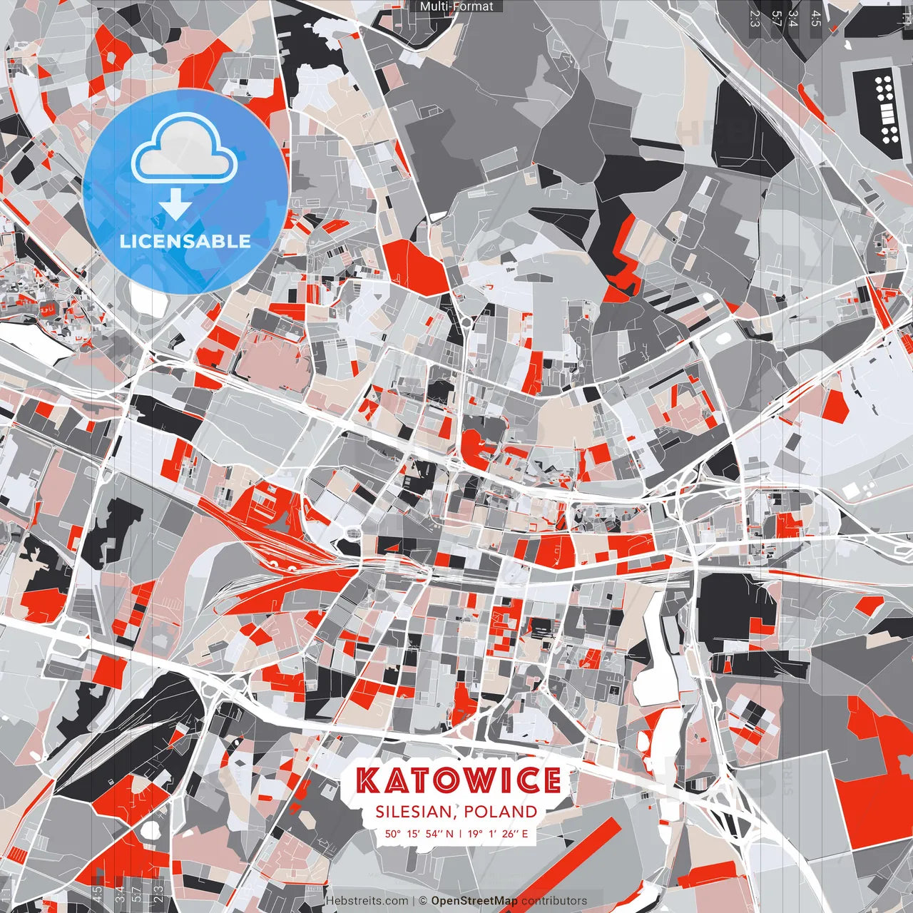 Katowice, Silesian, Poland - modern street map poster template with gray and red tones