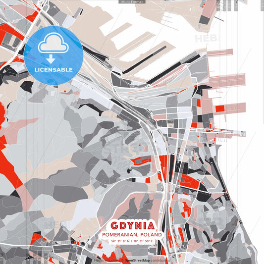 Gdynia, Pomeranian, Poland - modern street map poster template with gray and red tones