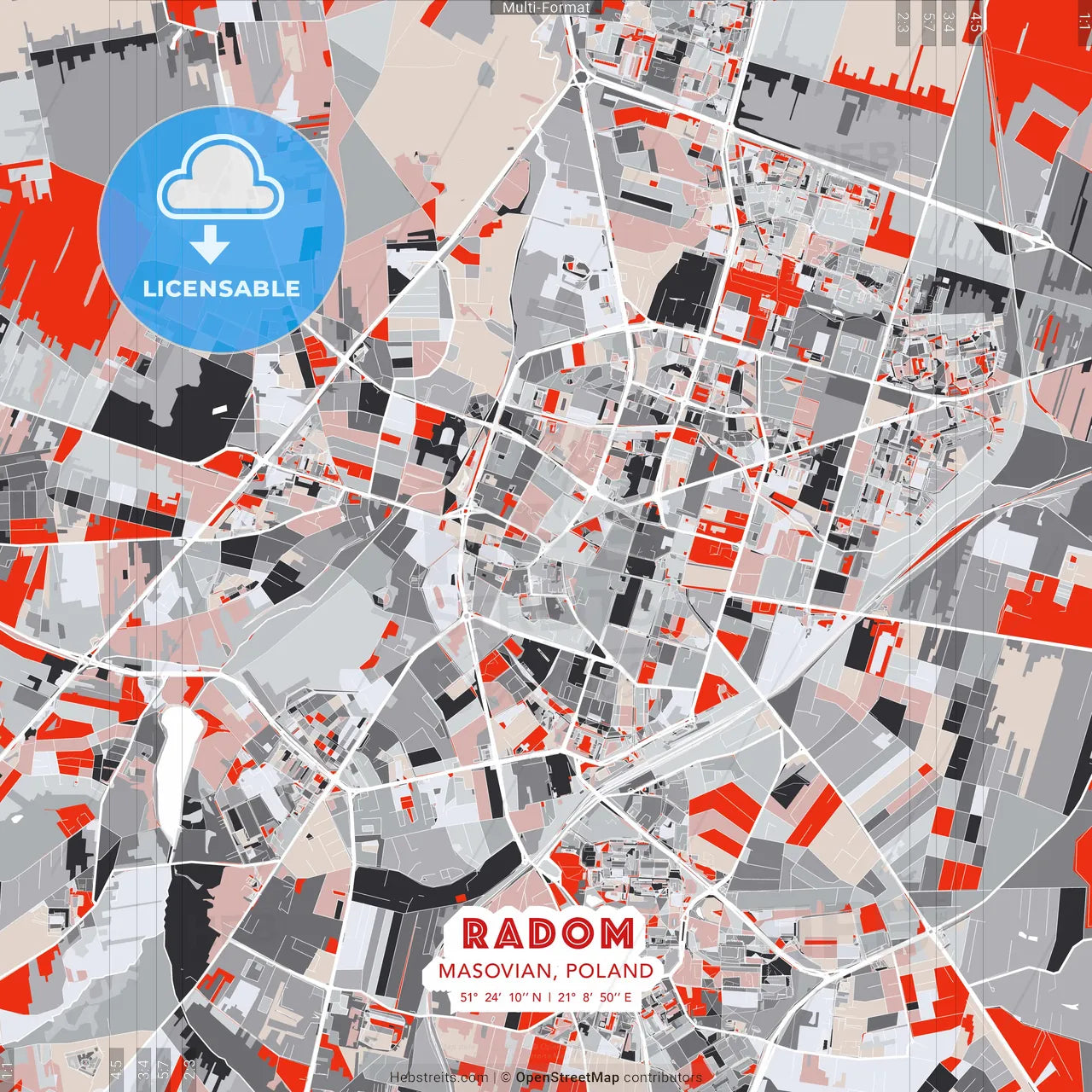 Radom, Masovian, Poland - modern street map poster template with gray and red tones