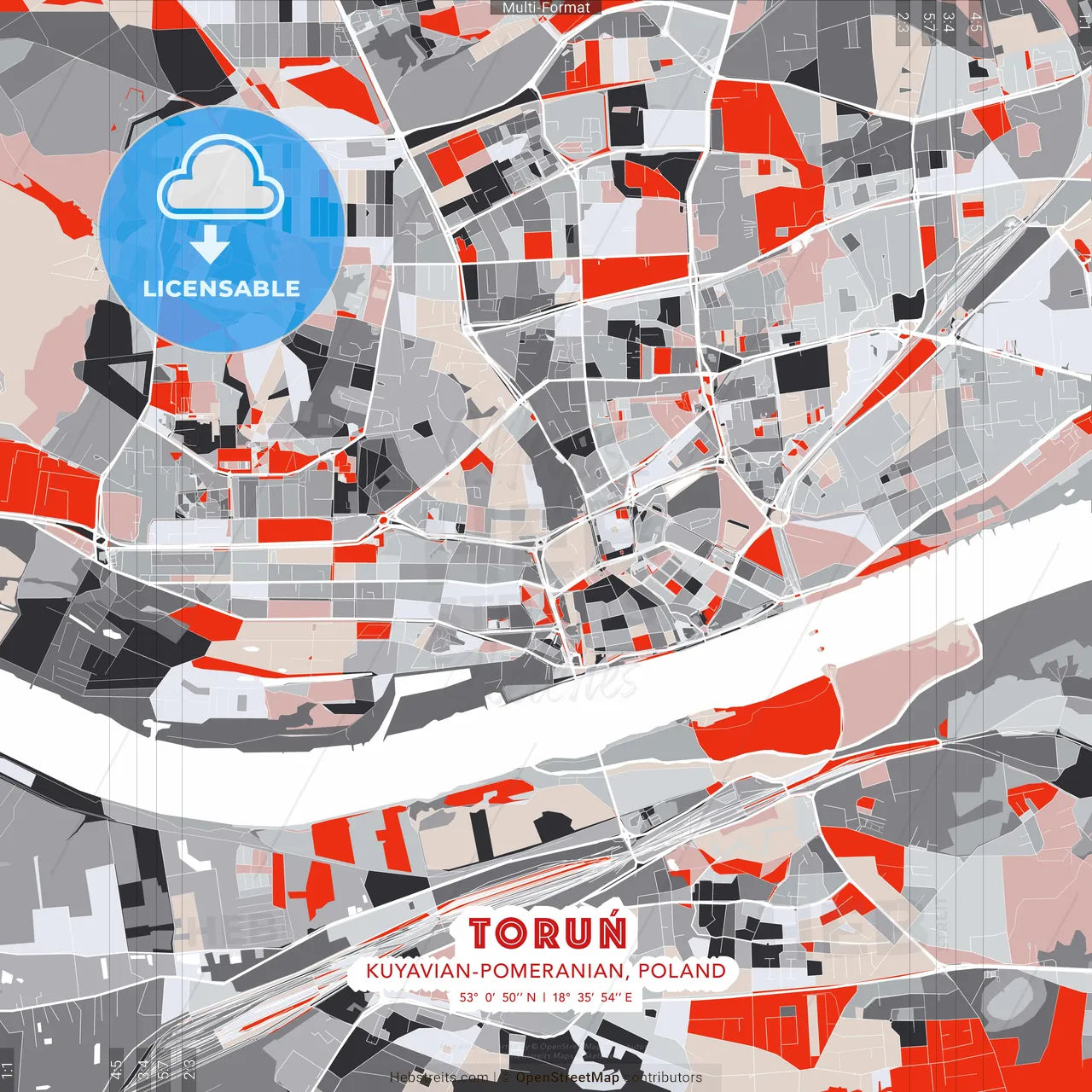 Toruń, Kuyavian-Pomeranian, Poland - modern street map poster template with gray and red tones