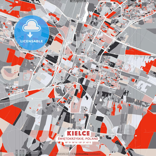 Kielce, Świętokrzyskie, Poland - modern street map poster template with gray and red tones