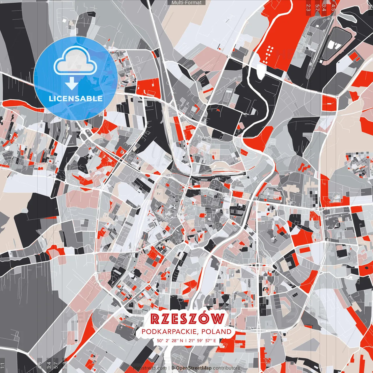 Rzeszów, Podkarpackie, Poland - modern street map poster template with gray and red tones