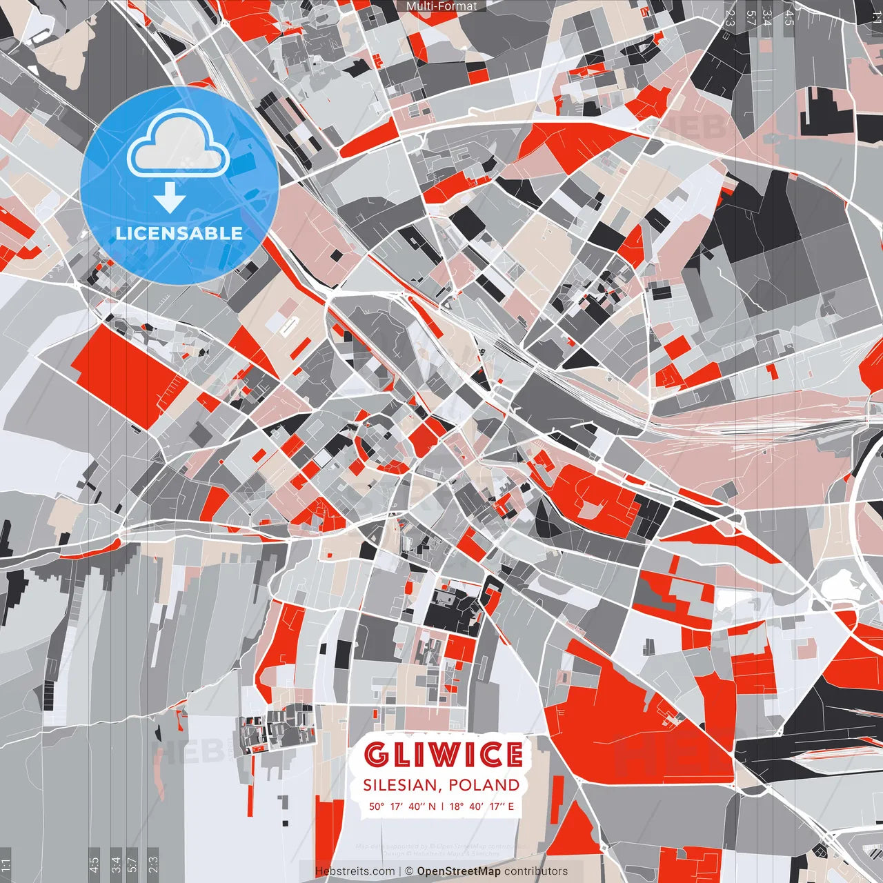 Gliwice, Silesian, Poland - modern street map poster template with gray and red tones