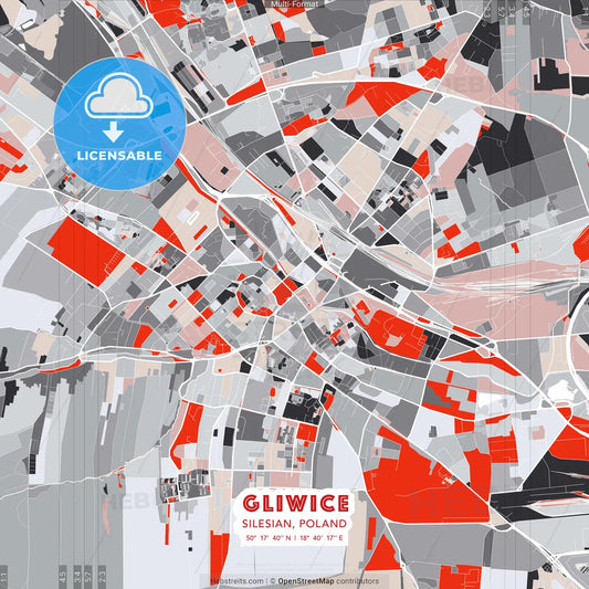 Gliwice, Silesian, Poland - modern street map poster template with gray and red tones
