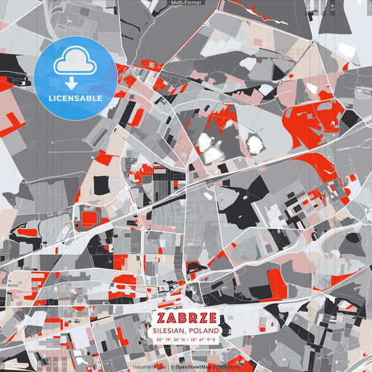 Zabrze, Silesian, Poland - modern street map poster template with gray and red tones