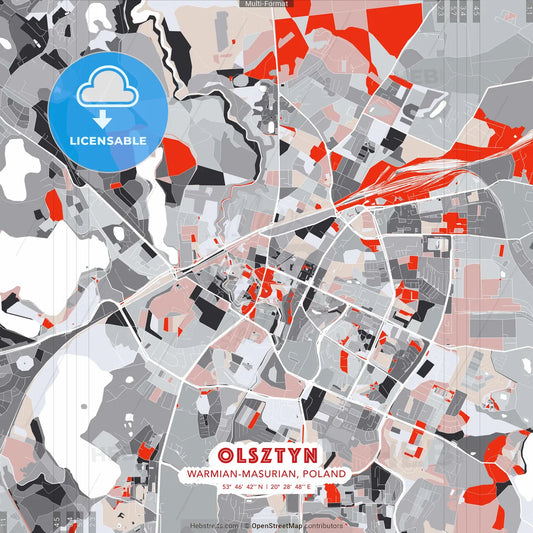 Olsztyn, Warmian-Masurian, Poland - modern street map poster template with gray and red tones