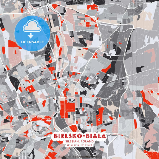 Bielsko-Biała, Silesian, Poland - modern street map poster template with gray and red tones